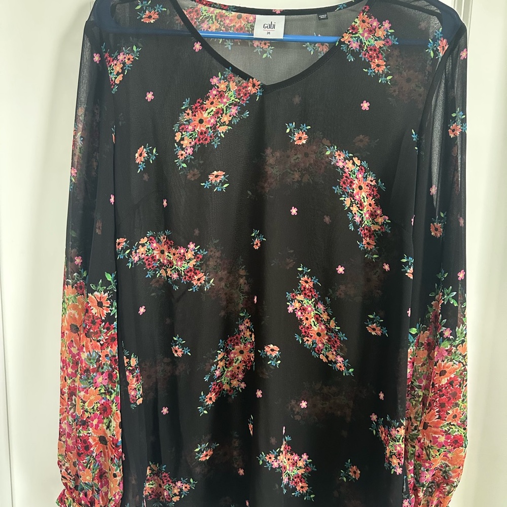 CAbi Black Sheer Blouse with Floral Design 3594